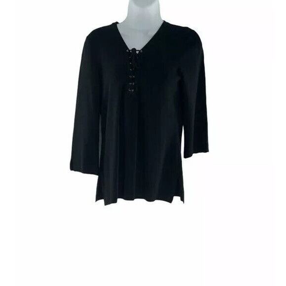 Kenar Womens Knit Blouse Black 3/4 Sleeve Lace Up V Neck Top Size Medium - Picture 6 of 6